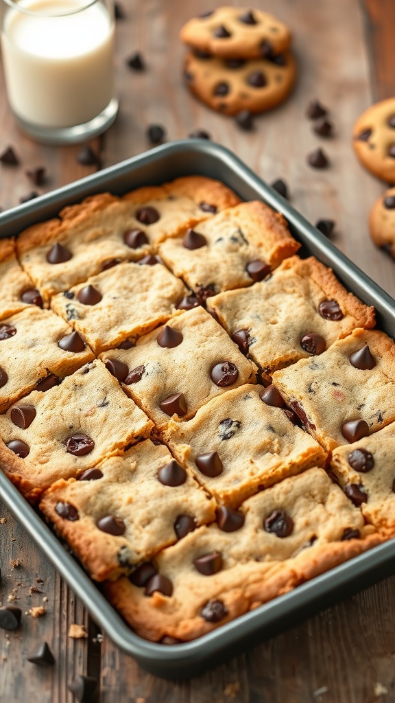 Chewy chocolate chip cookie bars cut into squares on a wooden table with a glass of milk.